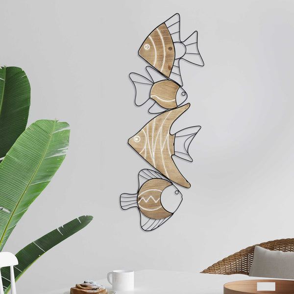 Metal and Wood Vertical Swimming Fish Wall Decor