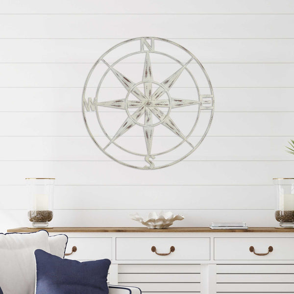 Nautical Compass Metal Wall Decor with Distressed White Finish