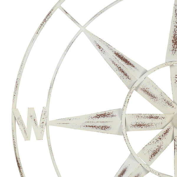 Nautical Compass Metal Wall Decor with Distressed White Finish