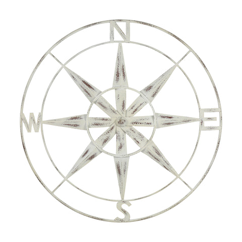 Nautical Compass Metal Wall Decor with Distressed White Finish