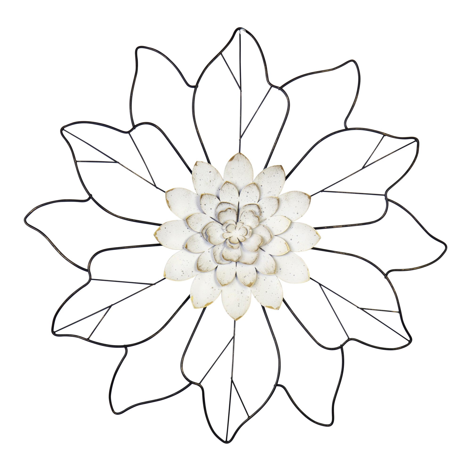 White Speckle Metal Flower and Silhohette Leaves Wall Decor