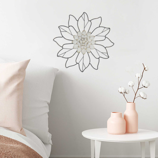 White Speckle Metal Flower and Silhohette Leaves Wall Decor