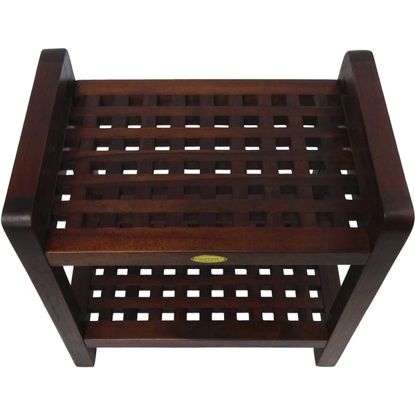 Teak Lattice Pattern Shower Stool with Shelf and Handles in Brown Finish