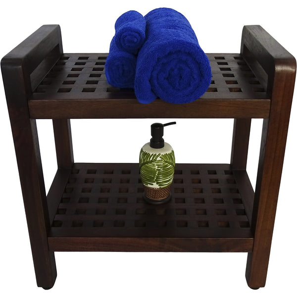 Teak Lattice Pattern Shower Stool with Shelf and Handles in Brown Finish