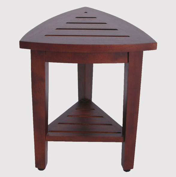 Compact Teak Corner Shower Outdoor Bench with Shelf in Brown Finish