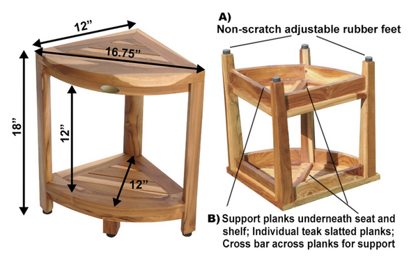 Compact Teak Corner Shower Stool with Shelf in Natural Finish