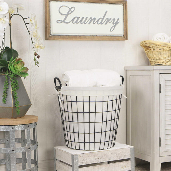 White Fabric Lined Metal Laundry Type Basket with Handle