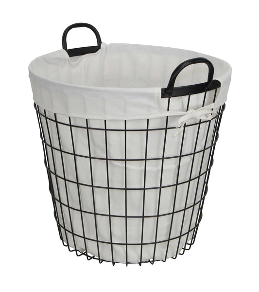 White Fabric Lined Metal Laundry Type Basket with Handle