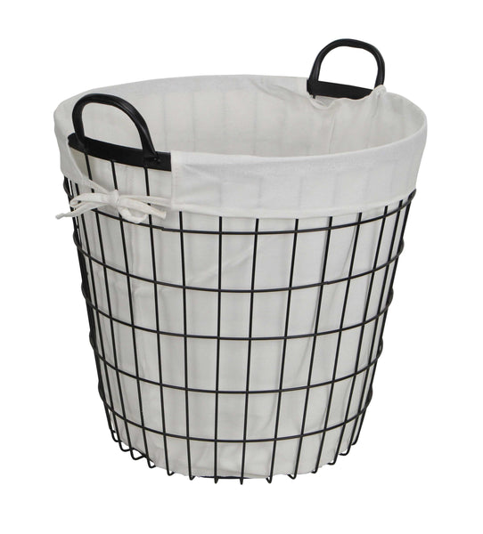 White Fabric Lined Metal Laundry Type Basket with Handle