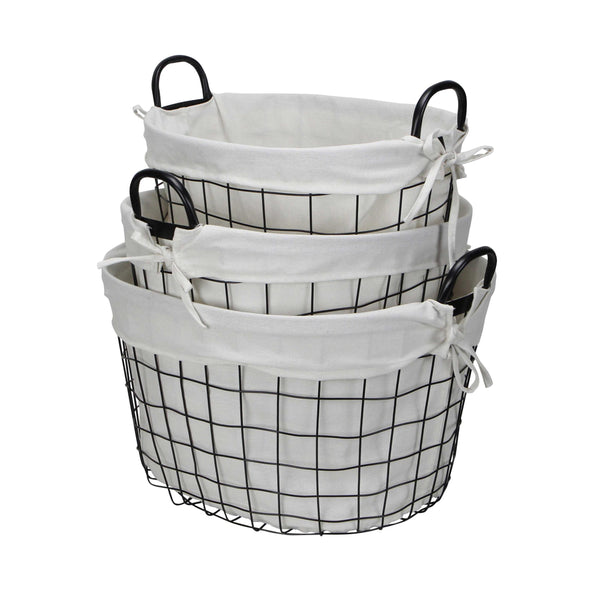 Set of 3 Oval White Lined and Metal Wire Baskets with Handles