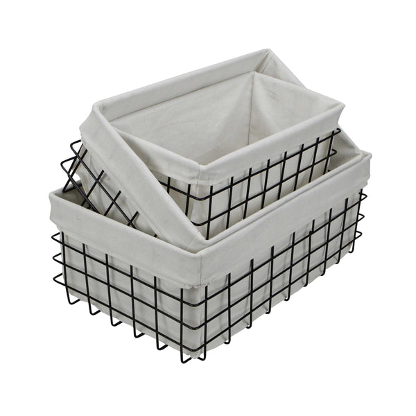 Set of 3 Rectangular White Lined and Metal Wire Baskets