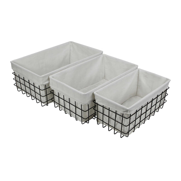 Set of 3 Rectangular White Lined and Metal Wire Baskets