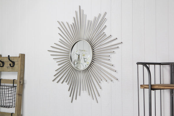 Striking Silver Metal Sunburst Design Wall Mirror