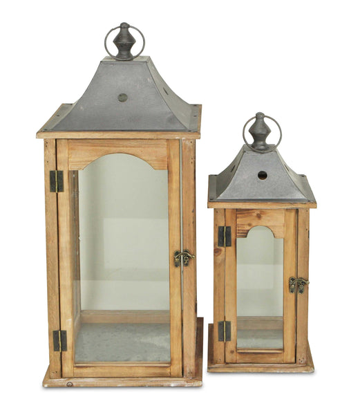 Set of 2 Brown Wood finished Frame Glass and Metal Top Lanterns