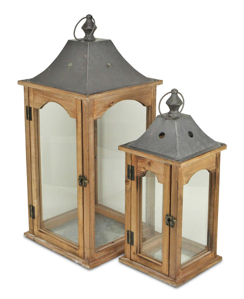 Set of 2 Brown Wood finished Frame Glass and Metal Top Lanterns