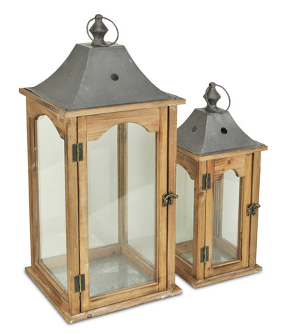 Set of 2 Brown Wood finished Frame Glass and Metal Top Lanterns