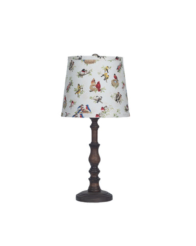 Distressed Brown Traditional Table Lamp with Birds Printed Shade