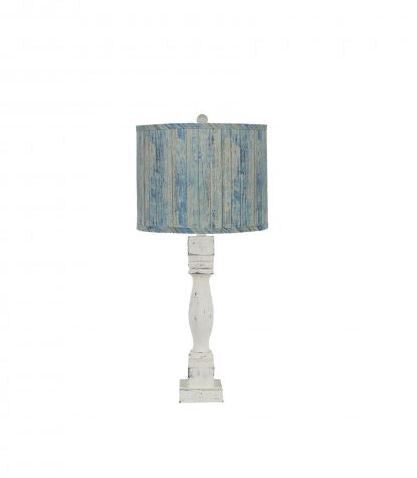 Distressed White Table Lamp with Wood Planks in Blue Shade