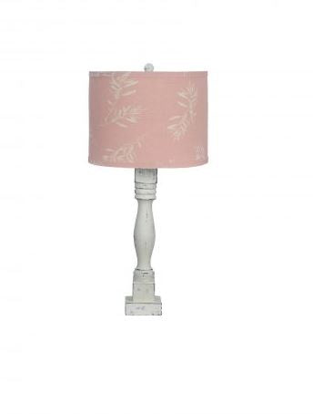 Distressed White Table Lamp with Olive Branch Pink Shade