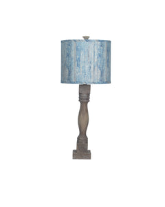 Distressed Brown Table Lamp with Wood Planks in Blue Shade