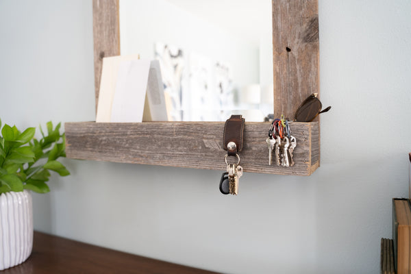 Rustic Weathered Gray Reclaimed Wood Plank Mirror with Shelf