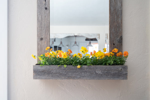 Rustic Weathered Gray Reclaimed Wood Plank Mirror with Shelf