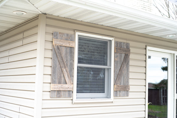 Set of 2 Rustic Natural Weathered Grey Wood Window Shutters with Hanger