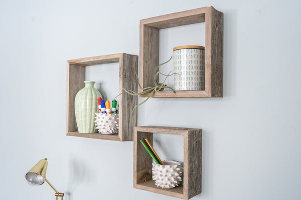 Set of 3 Square Rustic White Wash Wood Open Box Shelve