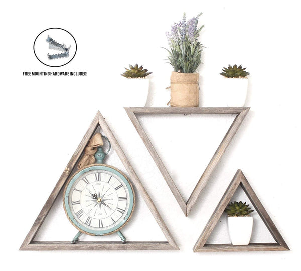 Set of 3 Triangle Rustic Natural Weathered Grey Wood Open Box Shelve