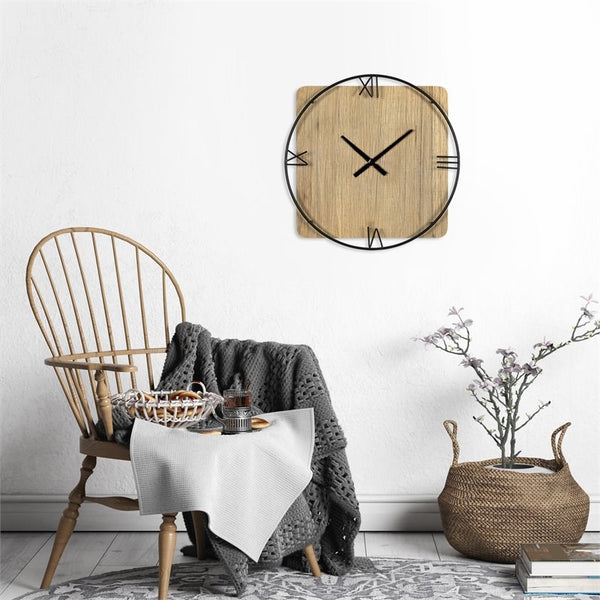 Minimalist Rustic Circle Square Wood and Metal Wall Clock