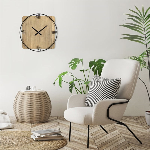 Minimalist Rustic Circle Square Wood and Metal Wall Clock