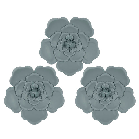 Set of 3 Blue Metal Flowers Wall Decor