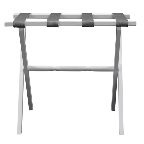 Hotel White Finish Wood Folding Luggage Rack with Gray Straps