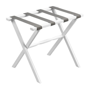 Hotel White Finish Wood Folding Luggage Rack with Gray Straps