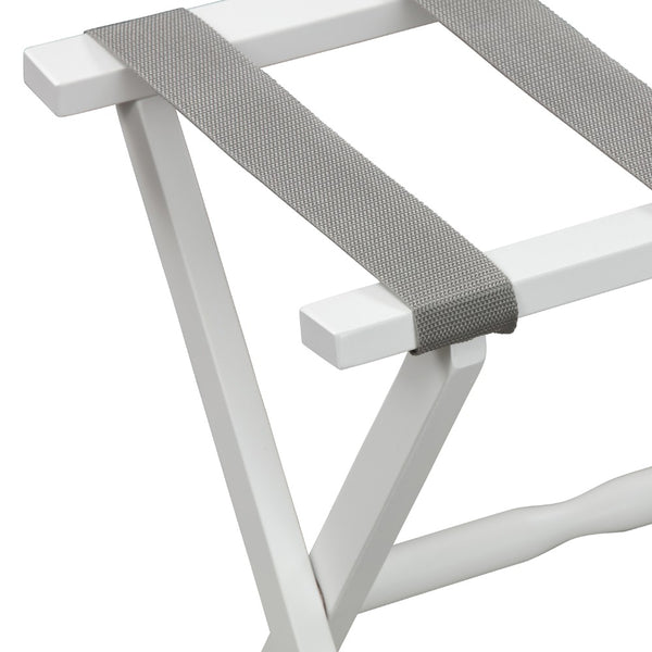 Hotel White Finish Wood Folding Luggage Rack with Gray Straps