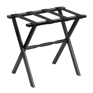 Hotel Black Finish Wood Folding Luggage Rack with Black Straps