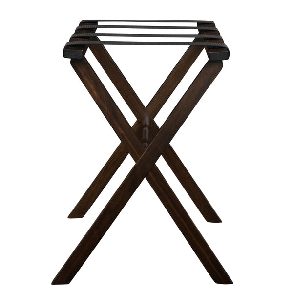 Hotel Dark Walnut Finish Wood Folding Luggage Rack with Black Straps