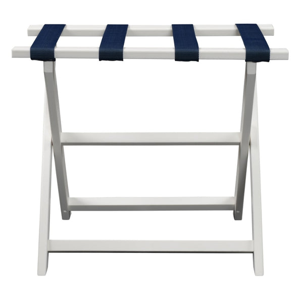 Earth Friendly White Folding Luggage Rack with Navy Straps