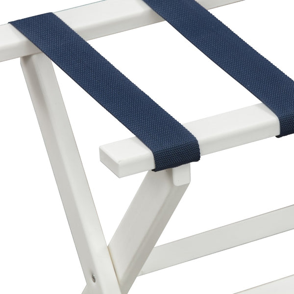 Earth Friendly White Folding Luggage Rack with Navy Straps