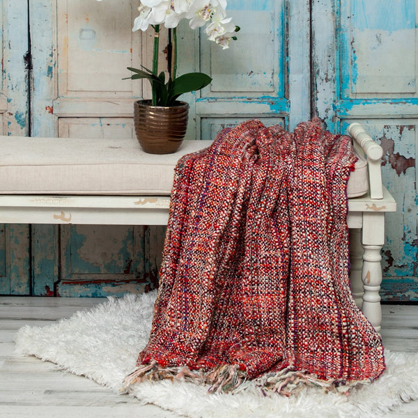 Boho Red and Purple Basketweave Throw Blanket