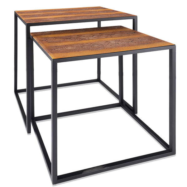 Set Of 2 Rectangular Black Powder Coated Frame and Rattlesnake Faux Leather Top Nesting End Tables