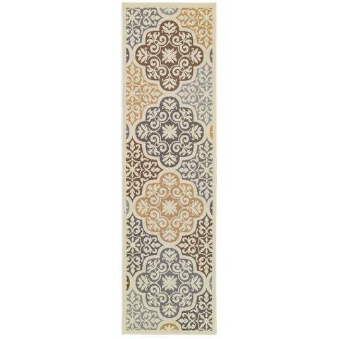 8' Ivory Grey Floral Medallion Indoor Outdoor Area Runner Rug