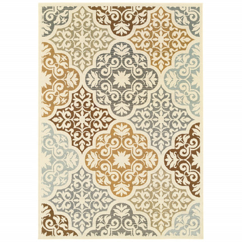 5' x 8' Ivory Grey Floral Medallion Indoor Outdoor Area Rug