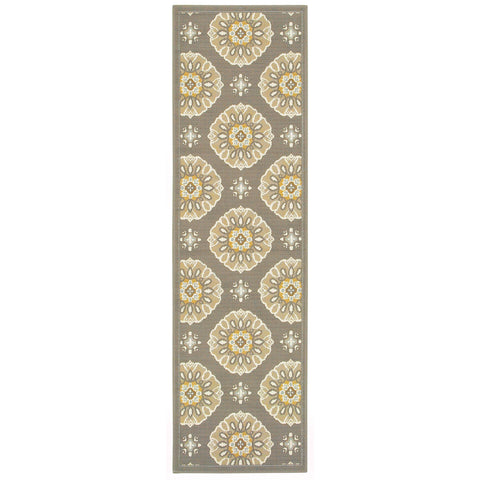 8' Grey Gold Floral Medallion Discs Indoor Outdoor Area Rug Runner Rug