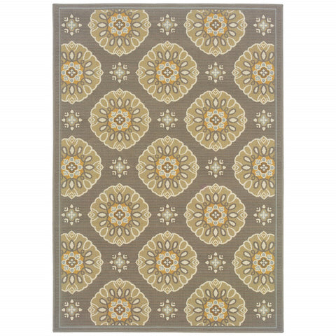 2' x 8' Grey Gold Floral Medallion Discs Indoor Outdoor Area Rug