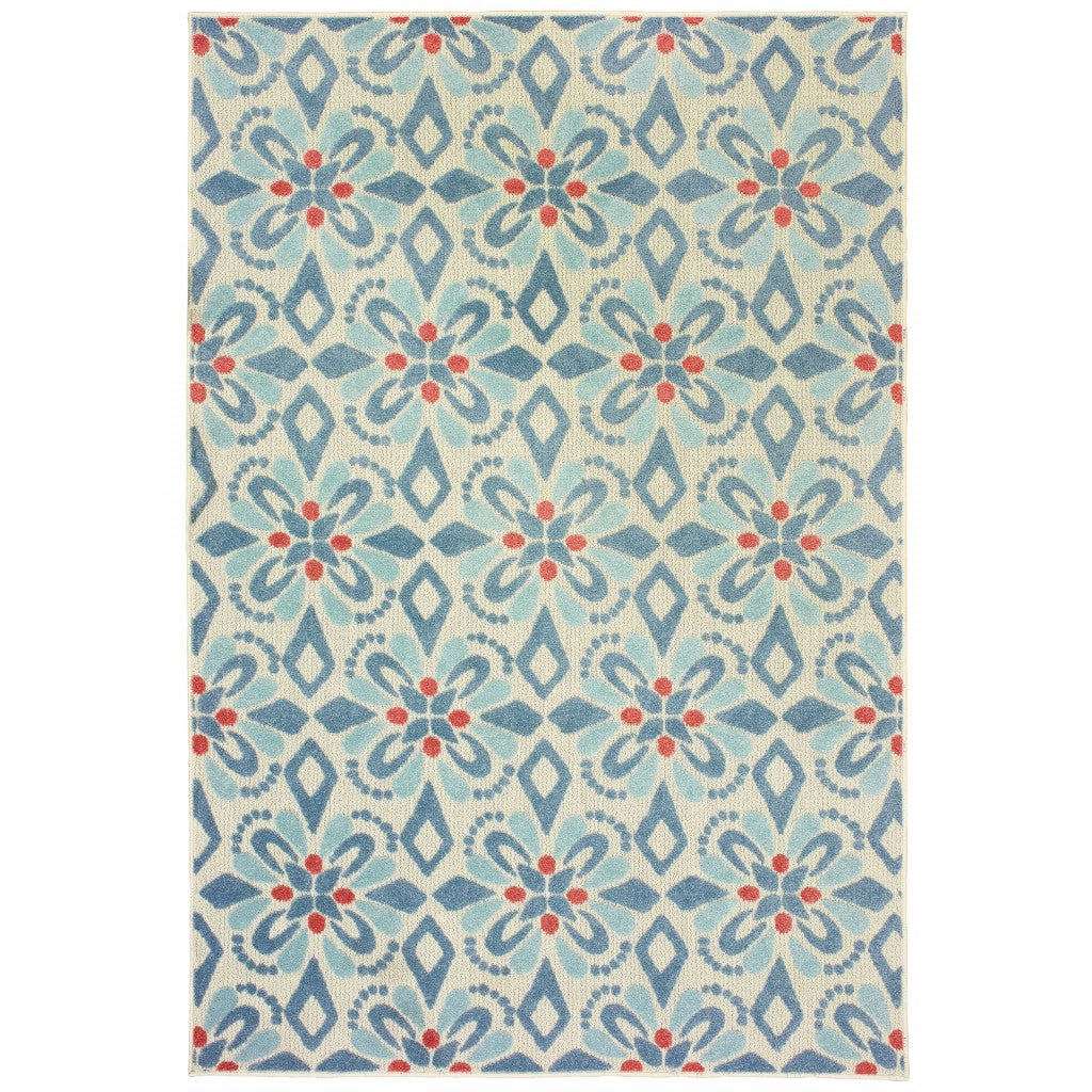 3' x 5' Ivory Blue Global Geo Tile Indoor Outdoor Area Rug