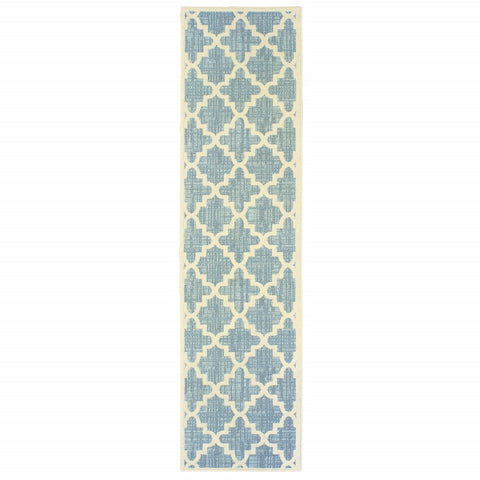 8' Tropical Light Blue and Ivory Quatrafoil Indoor Outdoor Runner Rug