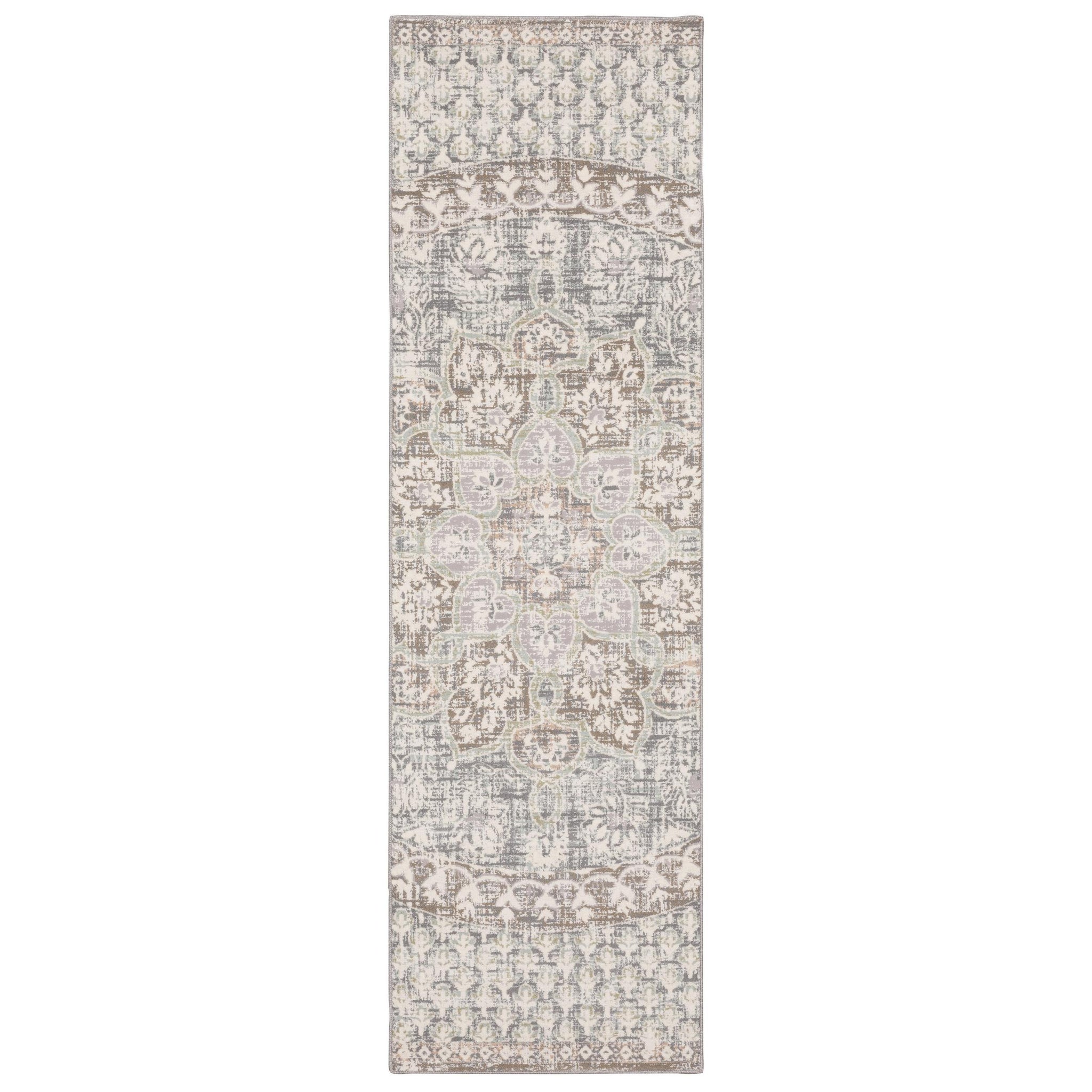 7' Ivory Grey Distressed Oversize Medallion Indoor Runner Rug