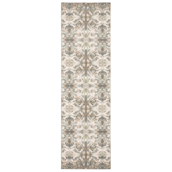 7' Ivory Gray Abstract Ikat Indoor Runner Rug