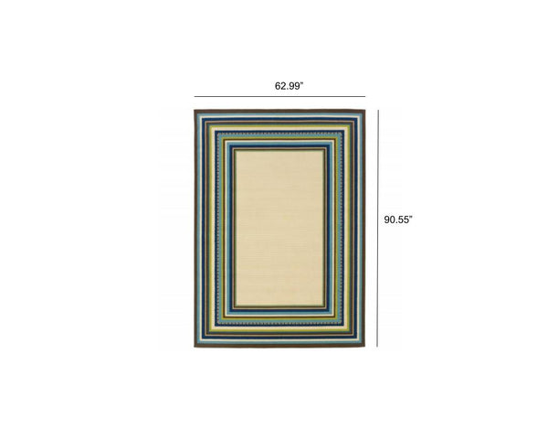 5' x 8' Ivory Mediterranean Blue and Lime Border Indoor Outdoor Area Rug